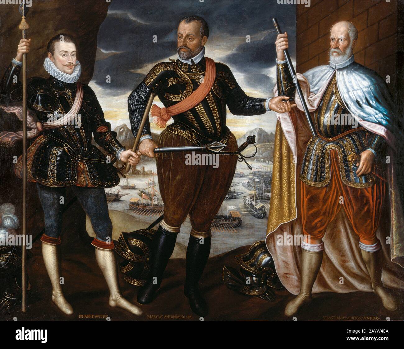 Die Sieger von Lepanto: Johannes von Österreich (1547-1578), Marcantonio Colonna (1535-1584), Sebastiano Venier (ca. 1496-1578). Museum: Kunsthistorisches Museum, Vienne. Autor: Anonym. Stockfoto