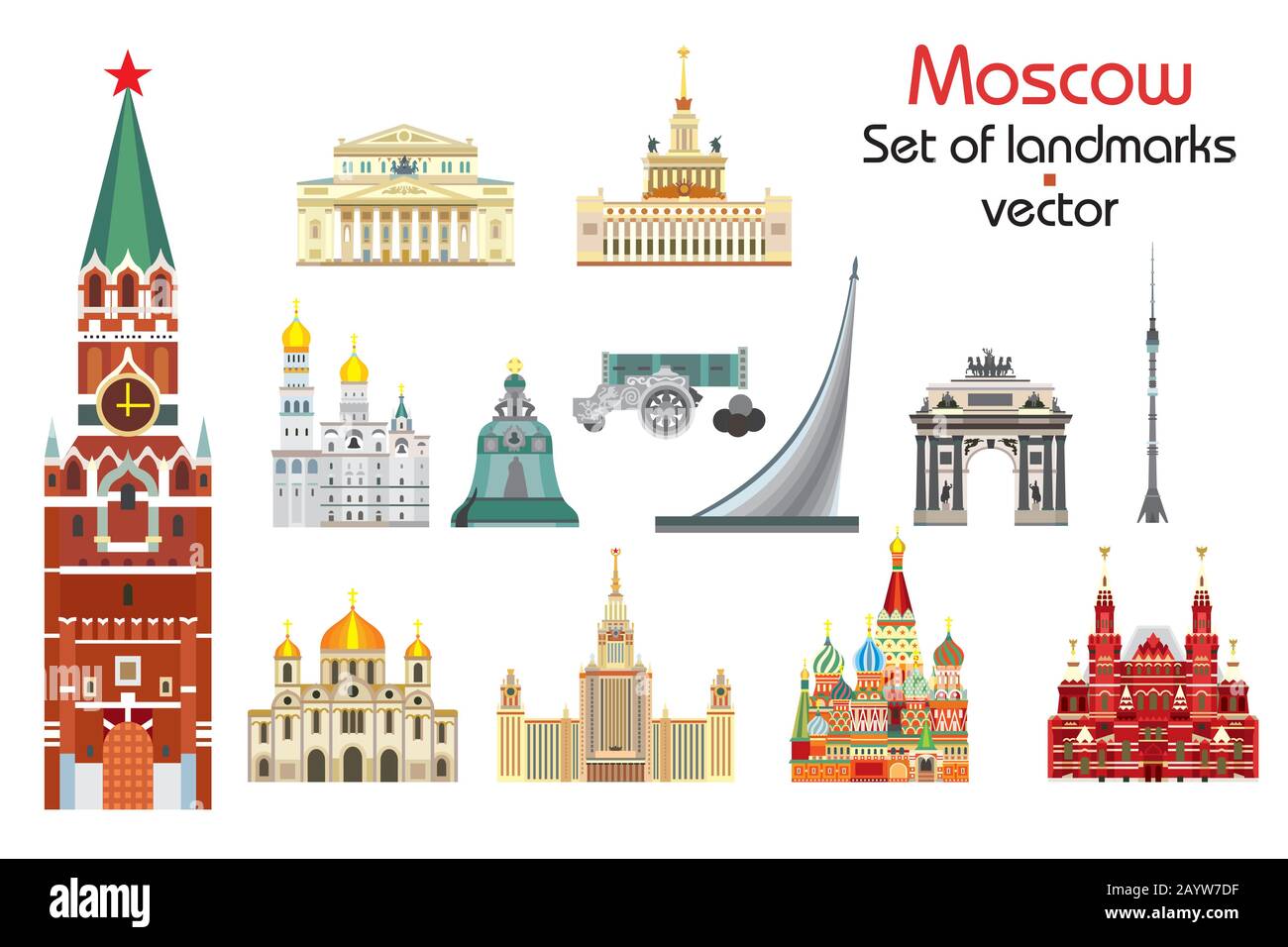 Bunte Vektorgrafik mit Wahrzeichen Moskaus, Russlands. Satz flacher Vektorgrafiken isoliert auf weißem Hintergrund. Satz farbenfroher Vektorgrafiken Stock Vektor