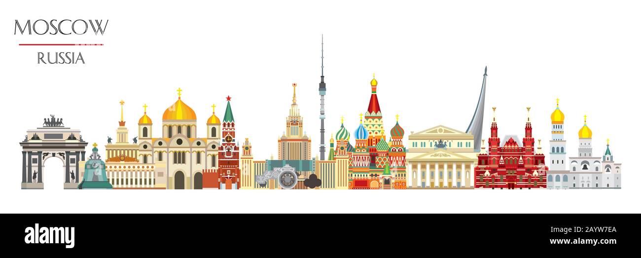 Horizontale Panorama-Skyline in Moskau Reiseillustration mit den wichtigsten architektonischen Sehenswürdigkeiten in flachem Stil isoliert auf weißem Hintergrund. Moskau City lan Stock Vektor