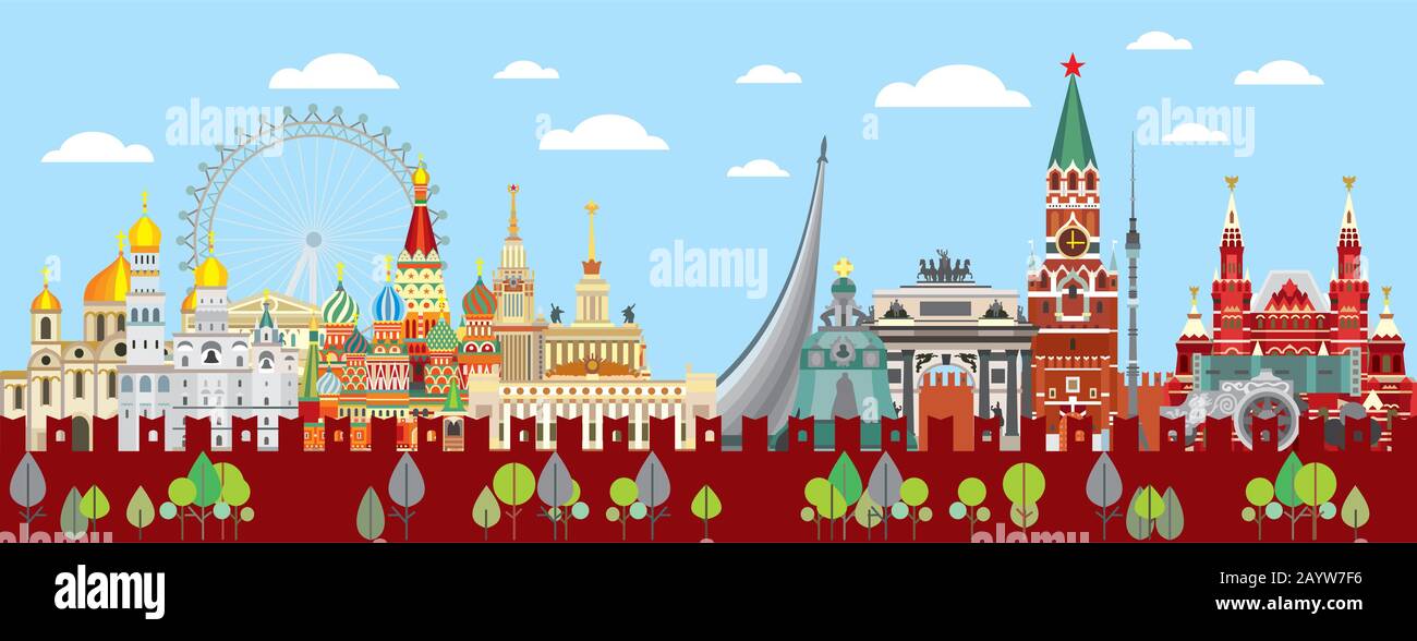 Panorama-Vektor farbenfrohe Illustration der Wahrzeichen Moskaus. Moskau Skyline Vektor flache Illustration. Horizontaler Vektor farbenfrohe Abbildung eines Stock Vektor