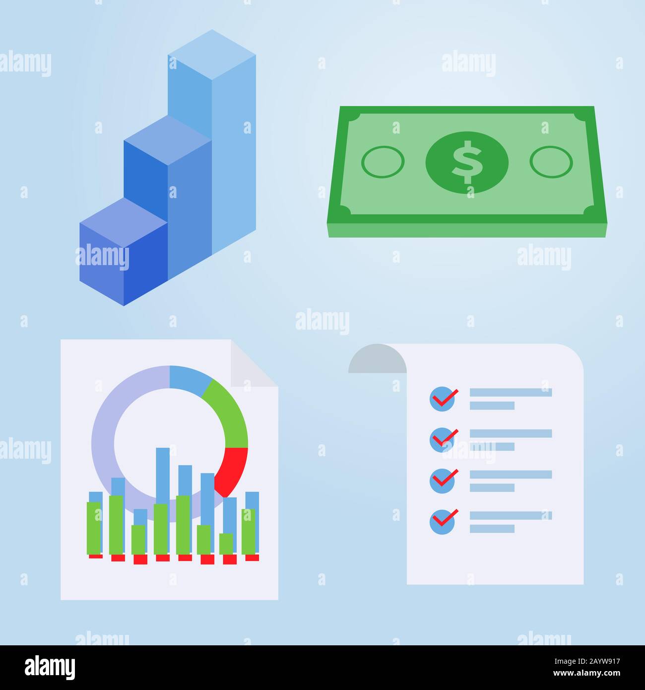 Set aus einem Business-Flat-Symbol, Diagramm, Geld, Infografik, Dokument, Vektor-Darstellung mit flachem Design Stock Vektor