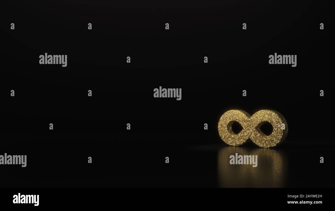 Goldenes Glitzersymbol für das Infinity-Zeichen 3D-Rendering auf dunkelschwarzem Hintergrund mit verschwommener Spiegelung mit Glitzern Stockfoto