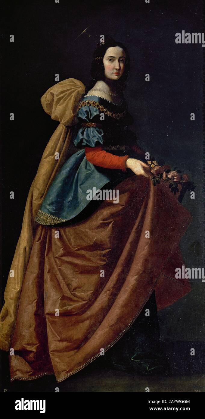 Die heilige Elisabeth von Portugal, ca. 1635. Prinzessin von Aragon, Tochter von Peter III Sie wurde im Alter von zwölf Jahren mit König Dinis von Portugal verheiratet. Öl auf Leinwand, 184 x 98 cm. Porträt von Francisco de Zurbarán (1598-1664). Prado Museum. Madrid, Spanien. Stockfoto