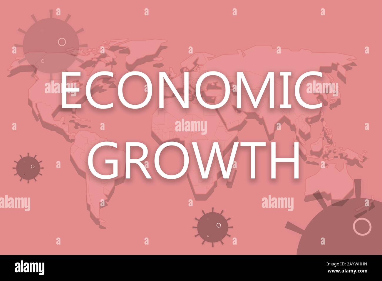 Konzept von Coronavirus oder Covid 19 Outbreak-Effekt auf das World- oder Global Economic Growth mit Weltkarte und Virus als Hintergrund. Stockfoto