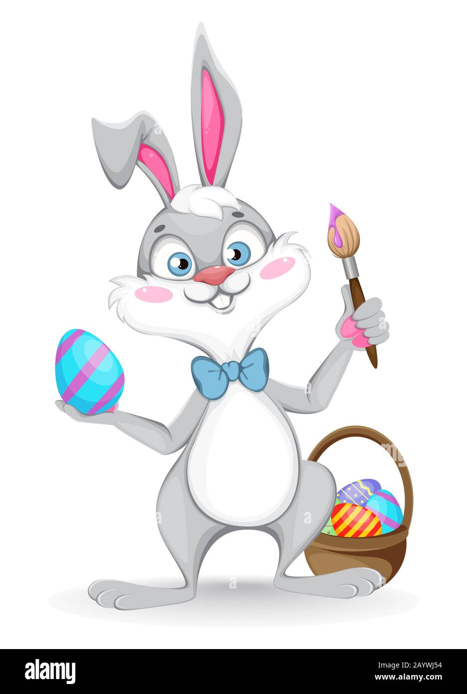 Frohe Ostern Grußkarte. Lustiger Zeichentrickkaninchen hält Pinsel und farbiges Ei. Vektor-Darstellung auf weißem Hintergrund Stock Vektor