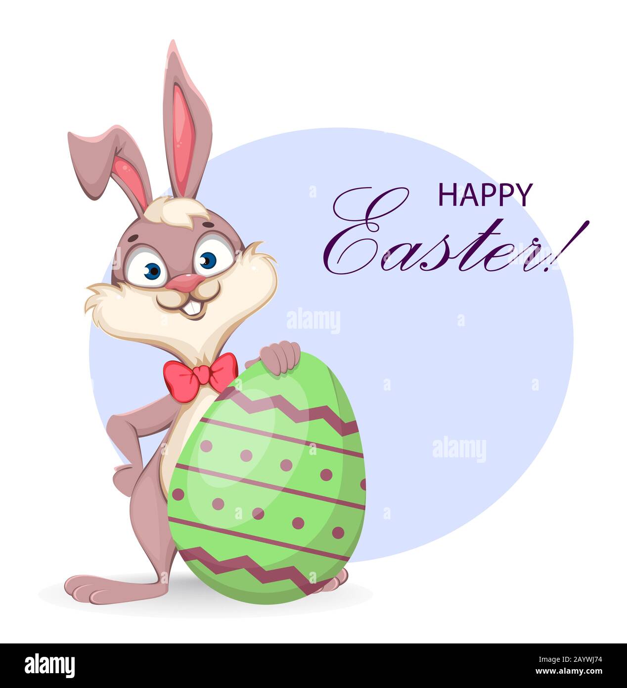 Frohe Ostern Grußkarte. Lustiger Zeichentrickkaninchen steht in der Nähe eines großen farbigen Eies. Vektor-Darstellung auf weißem Hintergrund Stock Vektor