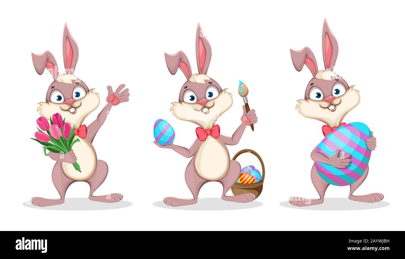 Frohe Ostern, süßes Häschen. Lustiger Zeichentrickkaninchen, Satz mit drei Posen. Vektor-Darstellung auf weißem Hintergrund Stock Vektor