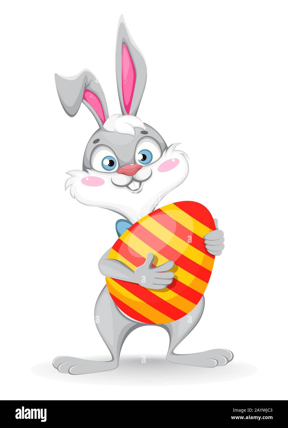 Frohe Ostern. Lustiger Zeichentrickkaninchen hält großes farbiges Ei. Vektor-Darstellung auf weißem Hintergrund Stock Vektor