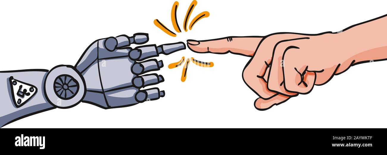 Menschliche Hand zeigt mit dem Zeigefinger auf den roboter - für Human-Machine-Interaktion, Robotik, Informatik, Human-Robot-Interaktion Stock Vektor