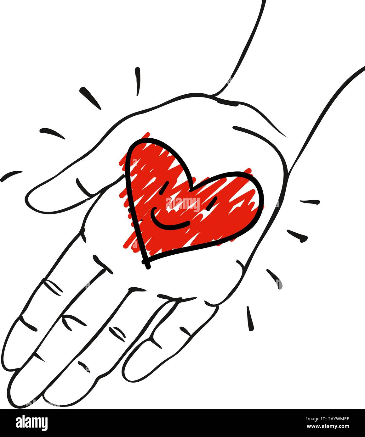 Geben Sie ihm das Herz - Hand mit dekorativer rot-rosafarbener Herz - handgezeichnete Vektorgrafiken für Banner, Karten Stock Vektor