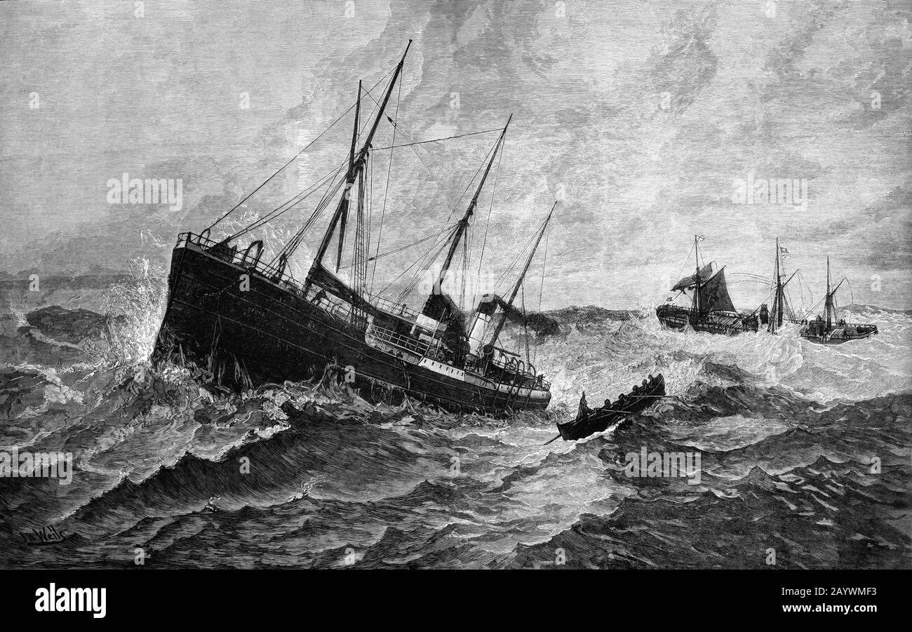 Das Dampfschiff Upupa der City of Cork Steam Packet Stellt den Clan Macduff am Dienstag, 18. Oktober, auf der Route nach Bombay von Liverpool her vor. Das Schiff geriet in Schwierigkeiten, als das Wetter schlecht wurde und sie ein Leck entsprang. Am nächsten Tag ordnete der Kapitän an, das Schiff zu verlassen; acht Personen wurden in dem Auftritt abgenommen, ein Kutter folgte, aber zwei weitere Boote wurden von den Meeren zerschlagen, so dass nur eines übrig blieb, das 30 mit 45 Personen auf dem Linienschiff aufnehmen konnte. Schließlich wurden 28, einschließlich des Kapitäns, der über Bord sprang, vom Verlassen des ersten Beamten und 16 der Besatzung an Bord genommen, die verzweifelte Bemühungen unternahmen Stockfoto