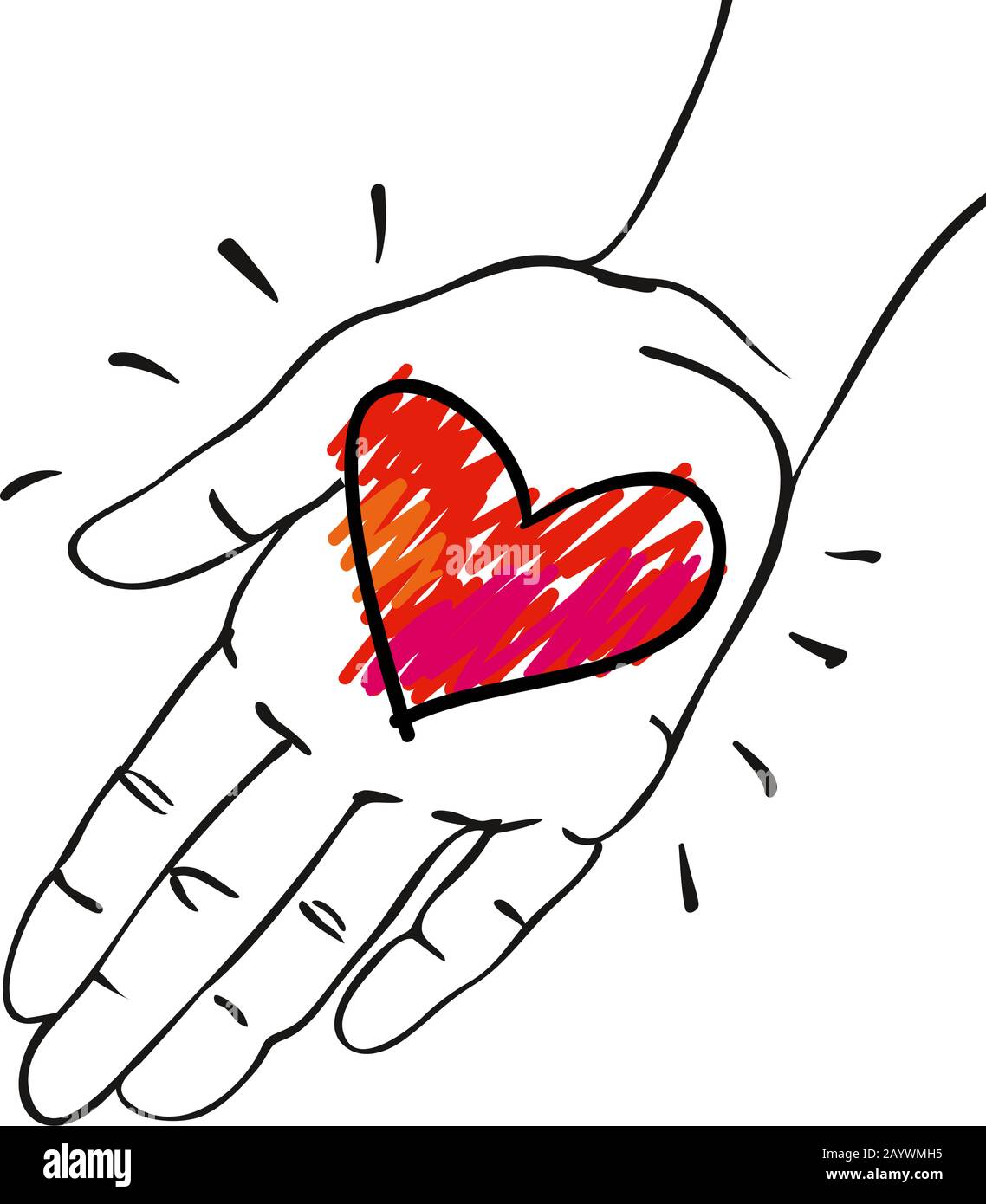 Geben Sie ihm das Herz - Hand mit rot-rosafarbenem Herz - handgezeichnete Vektorgrafiken für Banner, Karten Stock Vektor