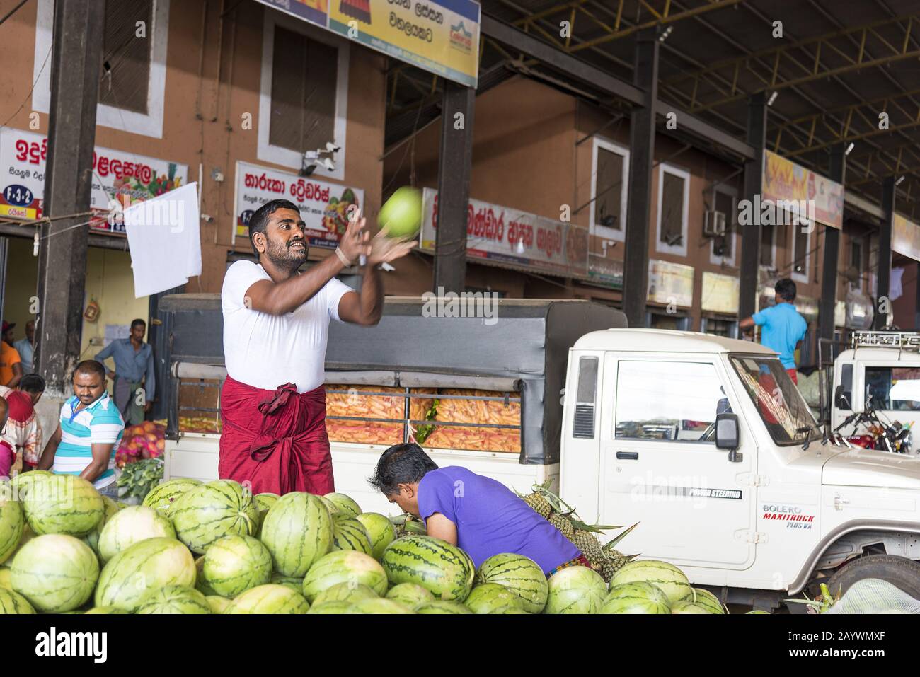 Dambulla, Sri Lanka: 18/03/2019: Dambulla, Sri Lanka: 18/03/2019: Innerhalb des größten Obst- und Gemüsemarkt in Sri Lanka. Mann fängt m Stockfoto