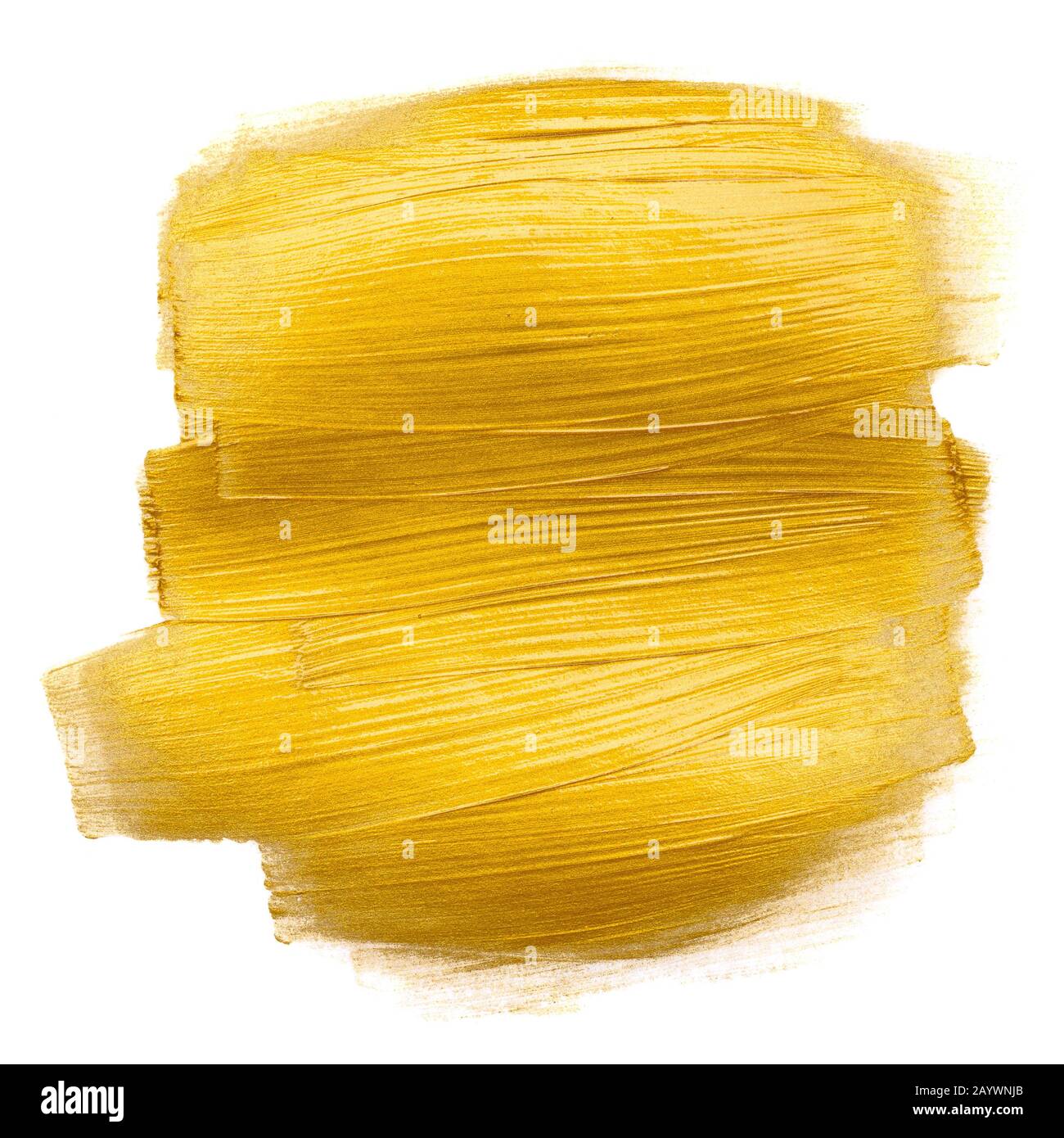 Goldmetallic-Lack-Handbürstenstrich verwischt Designelement isoliert auf weißem Hintergrund. Stockfoto