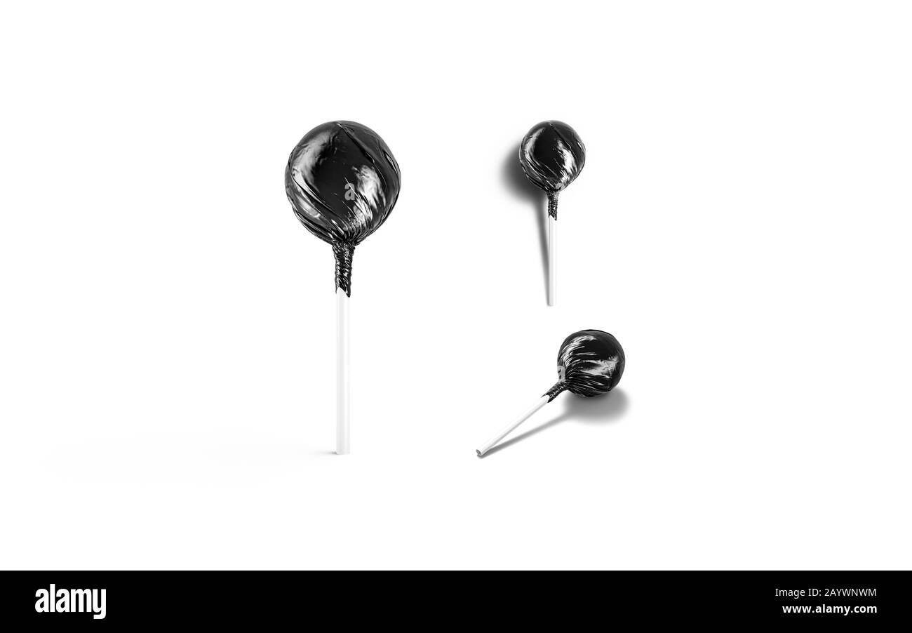 Blanker schwarzer Lollipop Folienwickler Mockup, verschiedene Ansichten Stockfoto