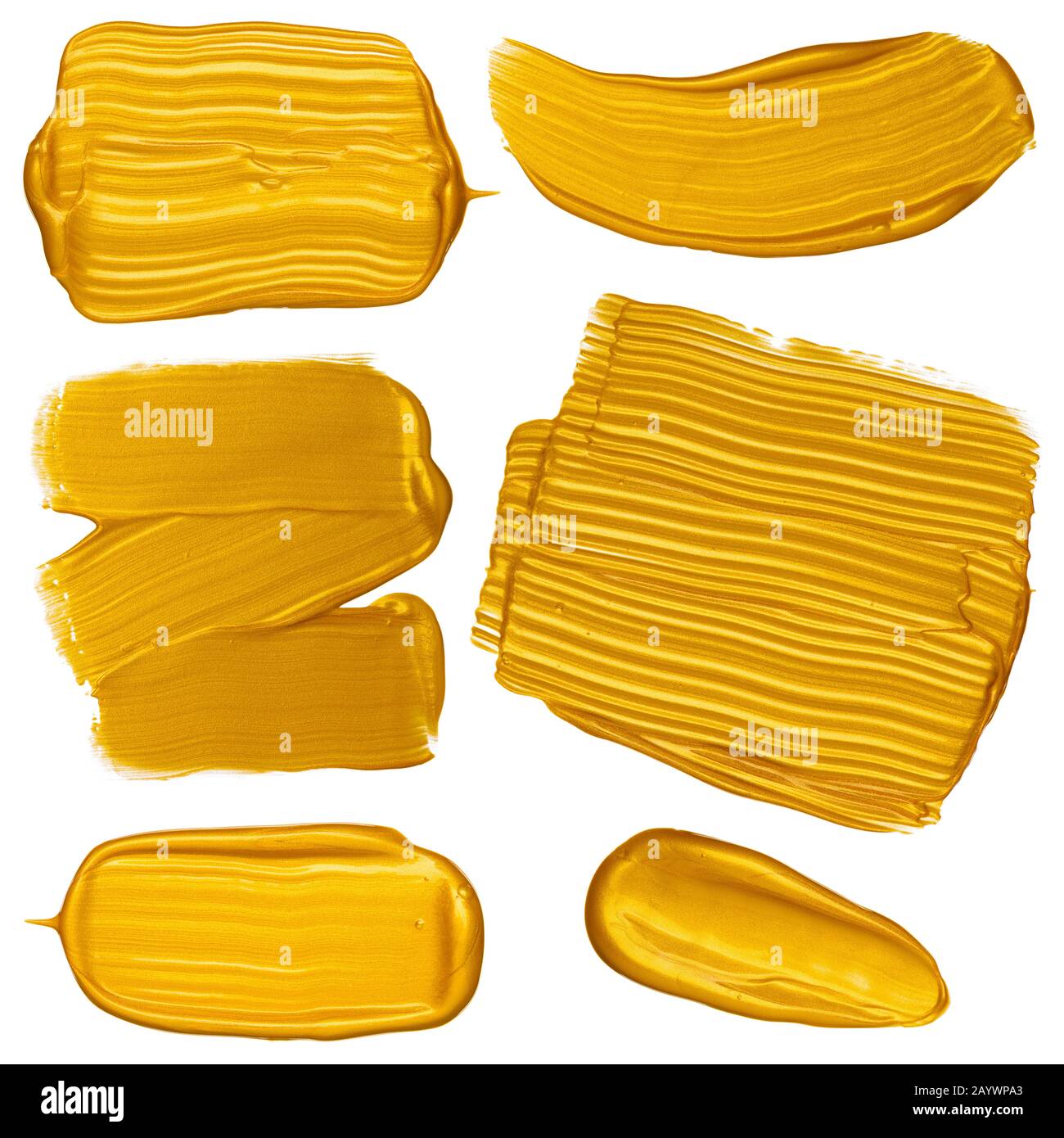 Goldene Malpinsel streicht Schmugdeset. Die mit goldfarbenen Metallfolie bemalten Designelemente sind auf weißem Hintergrund isoliert. Stockfoto