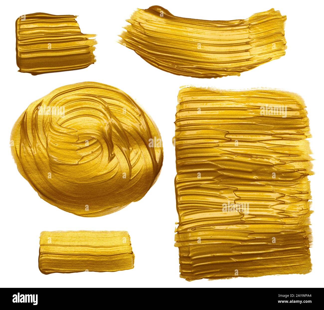 Designelemente mit Goldfarbe, Handbürste, Strichfleck, isoliert auf weißem Hintergrund. Stockfoto