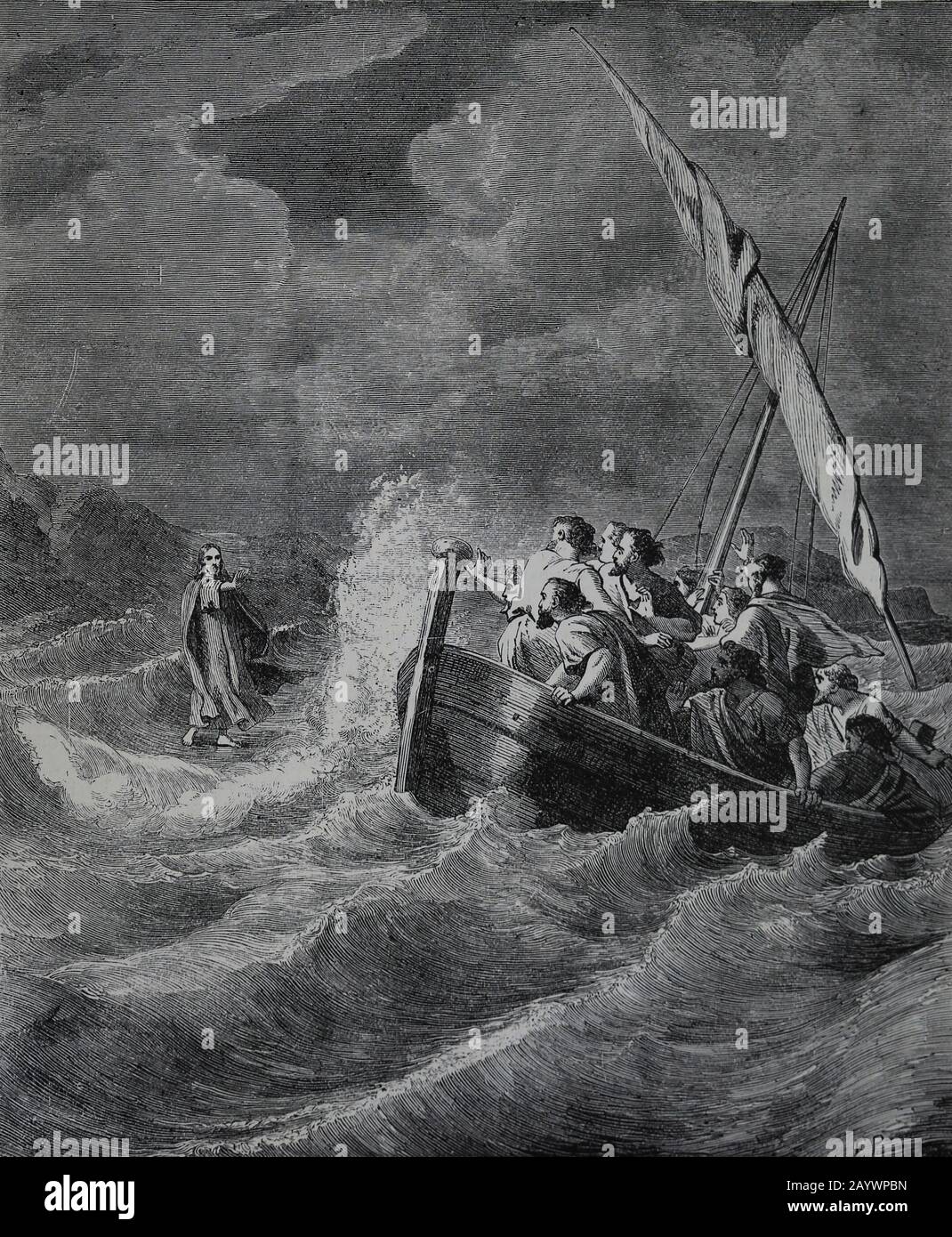 Neues Testamente. Jesus, der auf dem Wasser spazieren ging. Gravur, 19. Jahrhundert. Matthäus-Evangelium. Stockfoto