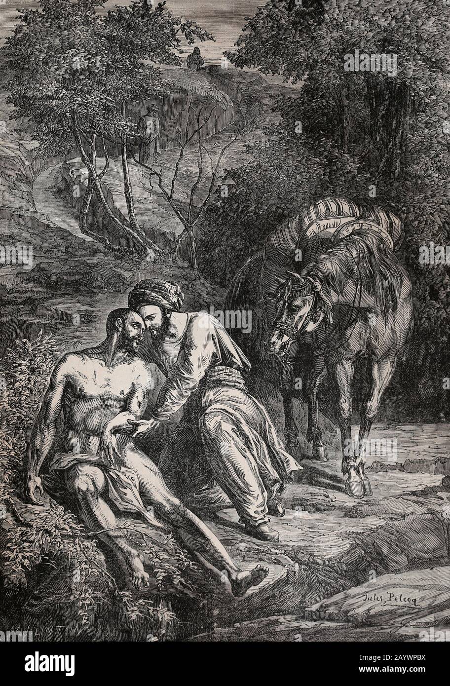 Neues Testamente. Gleichnis vom Gott Samariter. Gravur, 19. Jahrhundert. Stockfoto