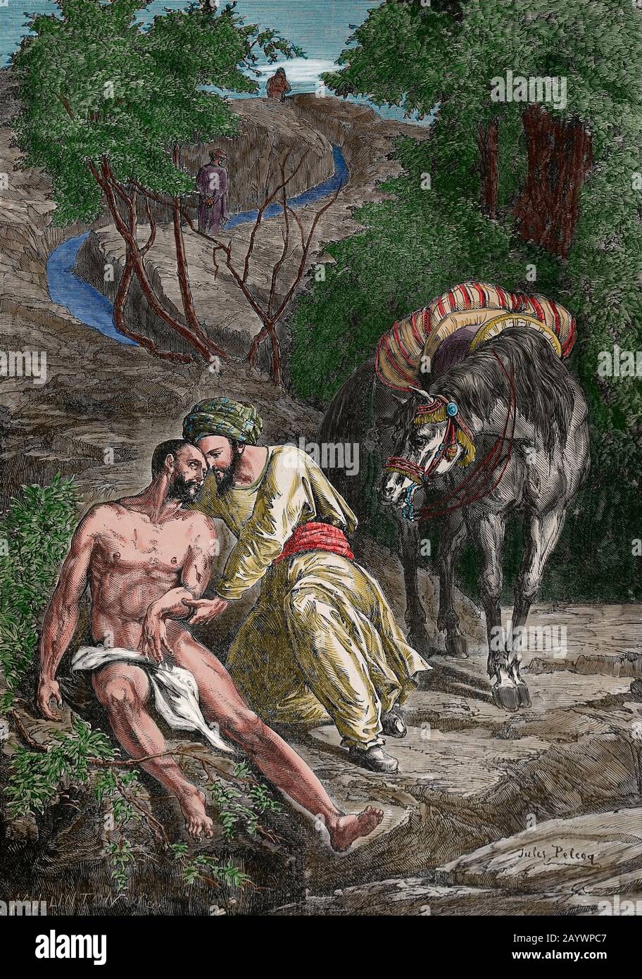 Neues Testamente. Gleichnis vom Gott Samariter. Gravur, 19. Jahrhundert. Stockfoto