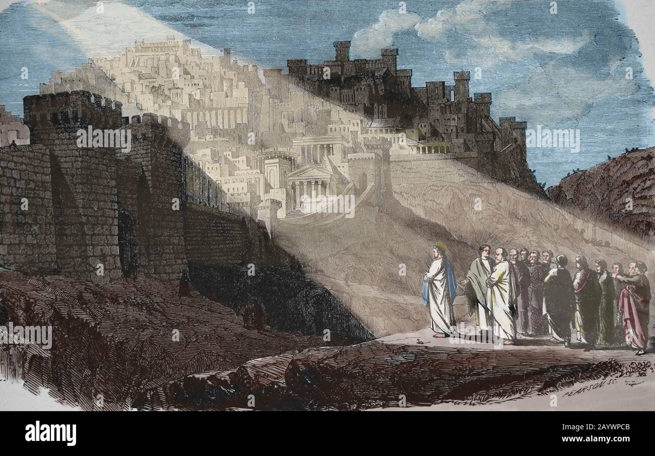 Jesus vor der Stadt Jerusalem. Gravur, 19. Jahrhundert. Neues Testamente. Stockfoto