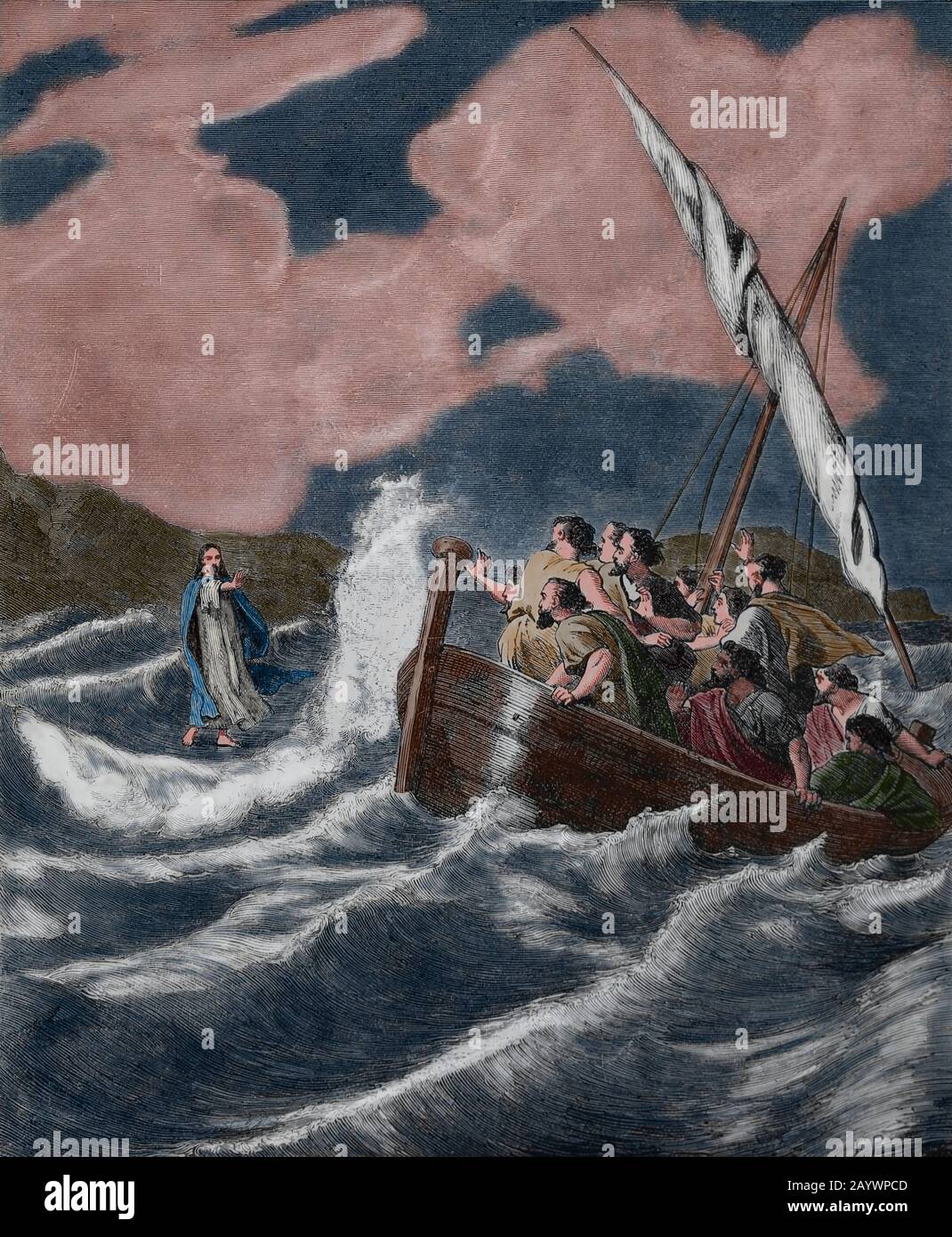 Neues Testamente. Jesus, der auf dem Wasser spazieren ging. Gravur, 19. Jahrhundert. Matthäus-Evangelium. Stockfoto