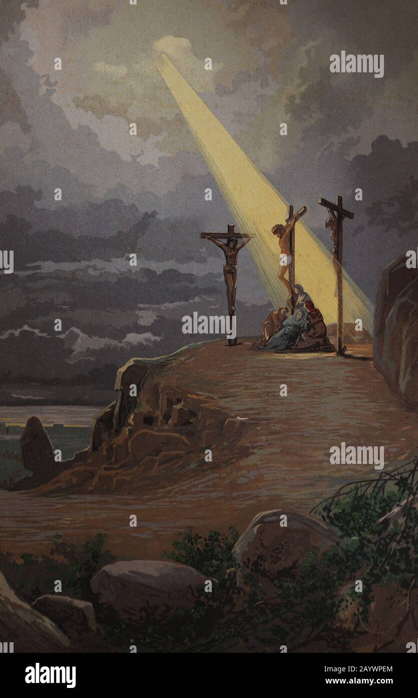 Kreuzigung Jesu von Nazaret. Die Lithographie, 19. Jahrhundert. Neues Testamente. Stockfoto