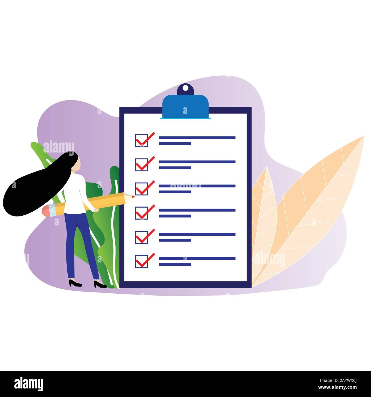 Konzept der Unternehmensorganisation und Zielerreichung, Checkliste mit Häkchen markiert die Fragebögen. Stock Vektor