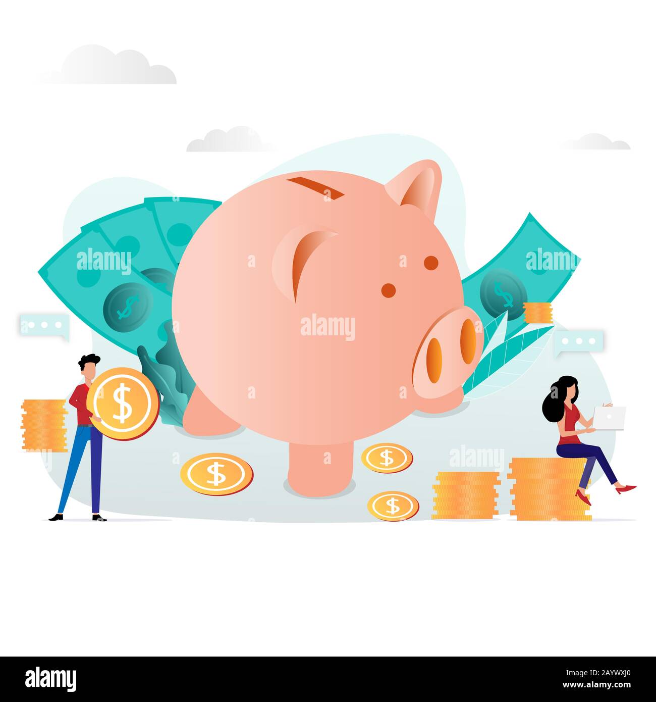 Große pinkfarbene Schweinebank mit Geschäftsleute und goldener Münze. Stock Vektor