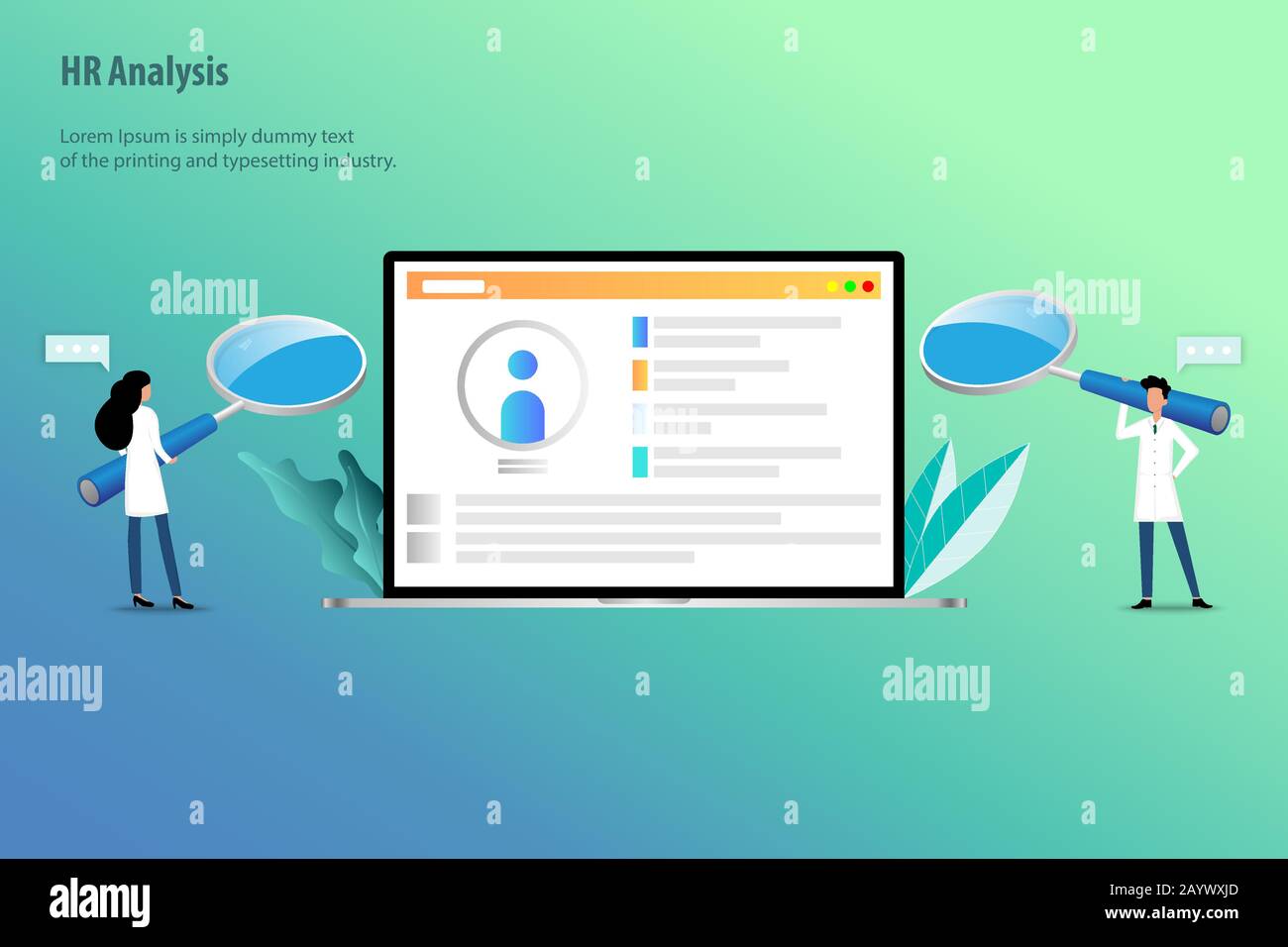 Personalkonzept, das Team der Personalabteilung arbeitet daran, die Daten auf dem Bildschirm des Laptops zu analysieren, indem es eine große Lupe zur Rekrutierung hält. Stock Vektor