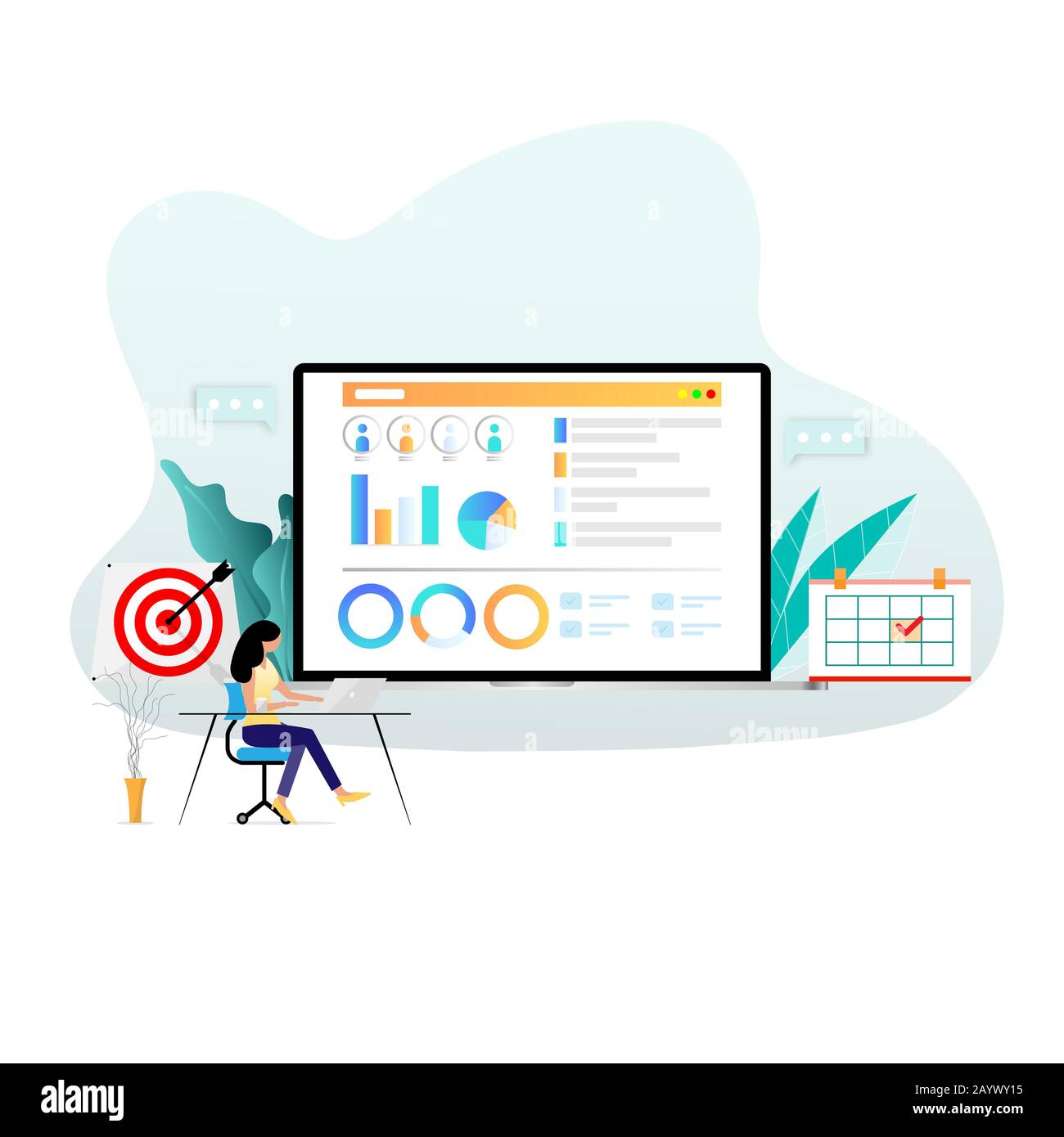 Geschäftsfrau, die an ihrem Schreibtisch arbeitet, um die Daten zu analysieren, die auf einem großen Bildschirm eines Laptops als Hintergrund angezeigt werden. Stock Vektor