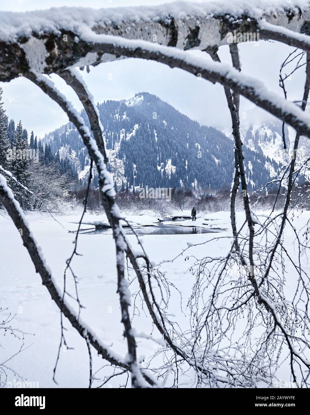 Landschaftsfotograf mit Kamera auf Stativ in epischer Landschaft ow Winterschneesee in den Bergen mit Baum im Vordergrund. Stockfoto