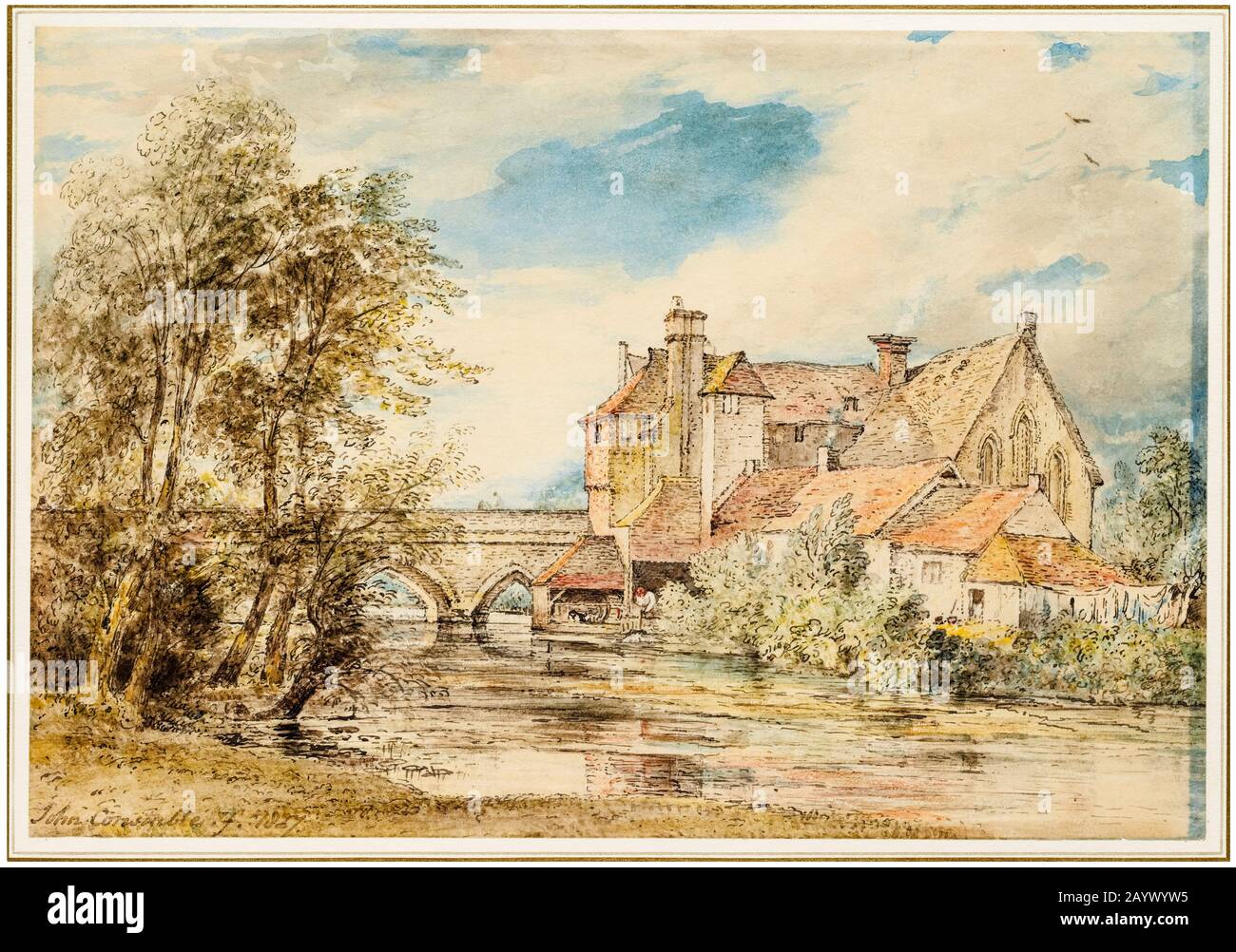 John Constable, Old Houses on Harnam Bridge, Salisbury with the Ancient Hospital Of Saint Nicholas, Landscape Painting, 1827 Stockfoto