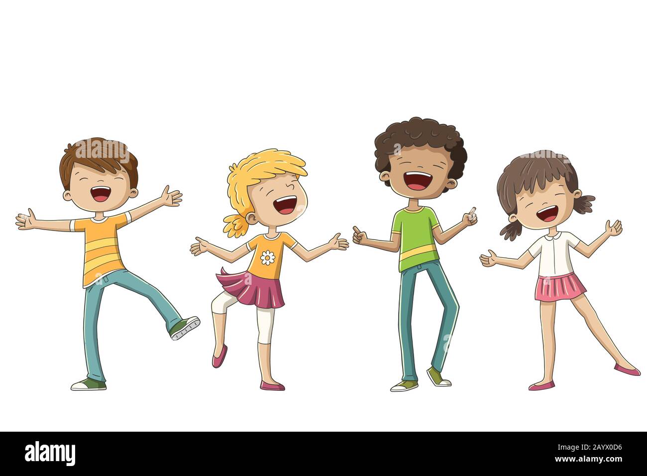 Vier glückliche Kinder. Vektorgrafiken mit separaten Ebenen von Hand zeichnen. Stock Vektor
