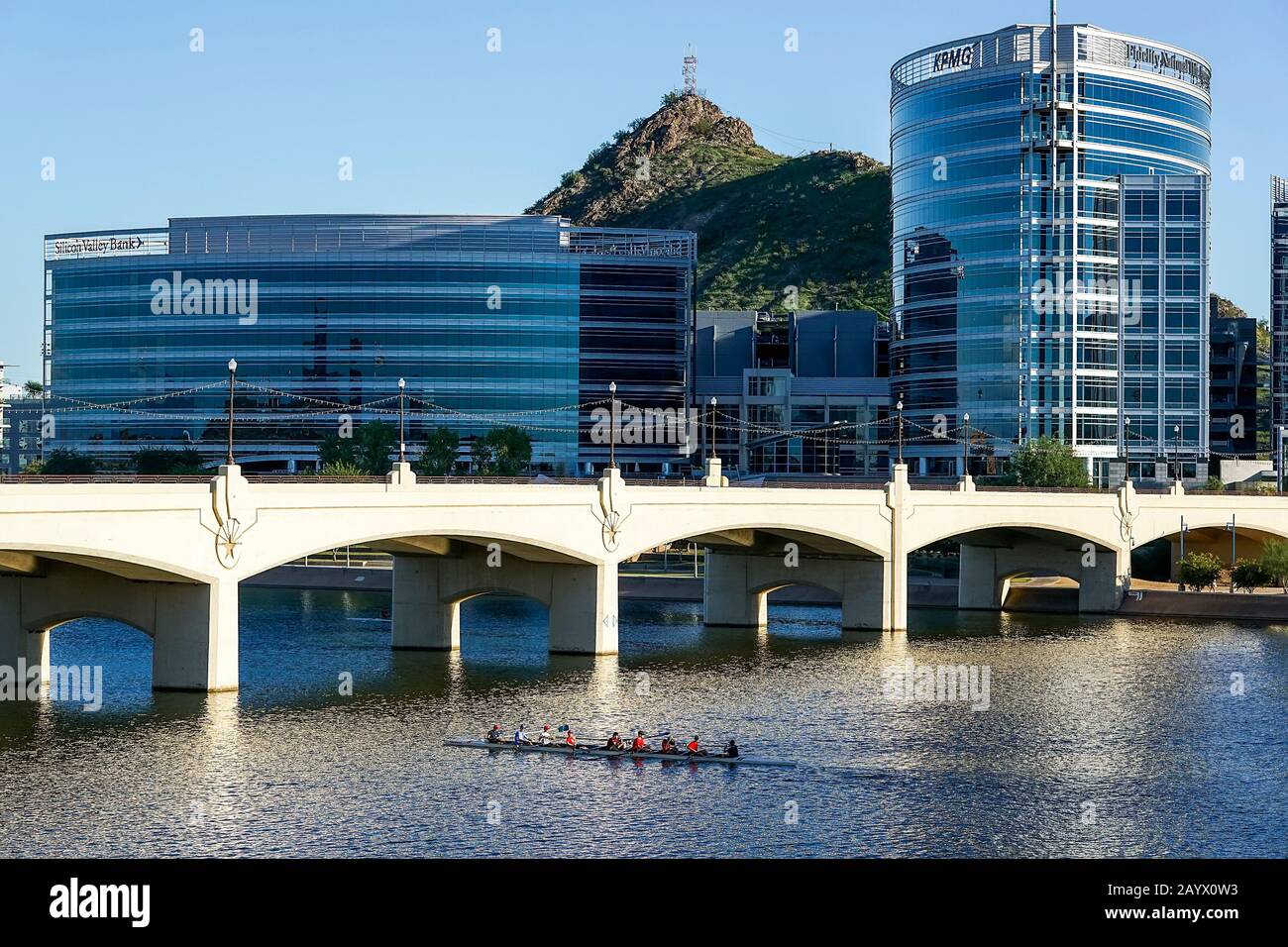 Team sculling on Tempe Town Lake. Tempe, Arizona. USA Stockfoto