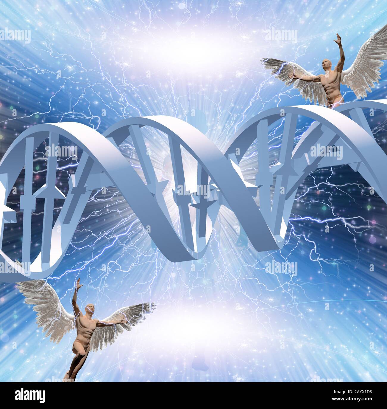 DNA-Strang in Energie platzt. Engel fliegen herum Stockfoto