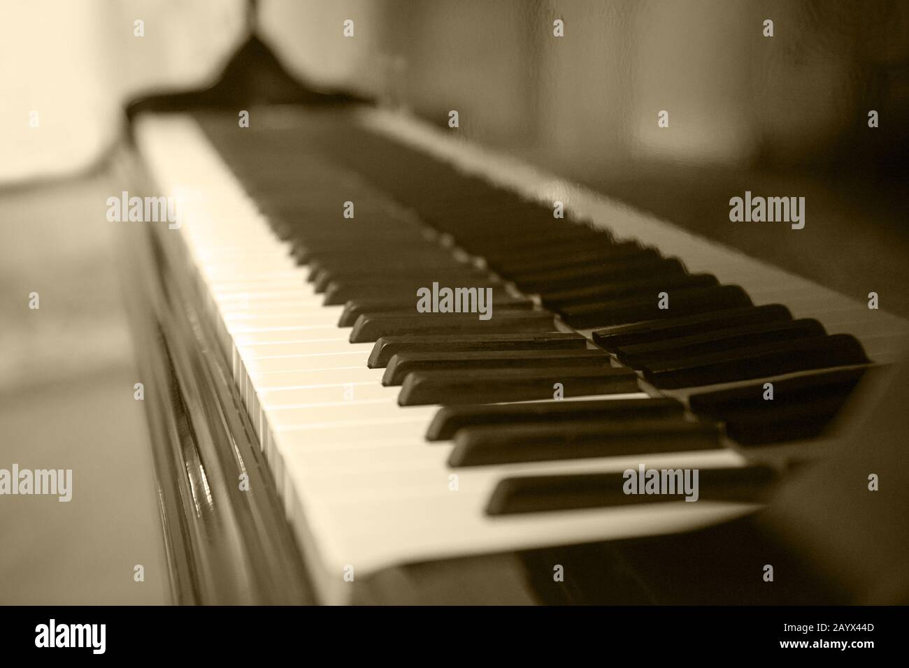 Seitenansicht des Klaviers mit Tasten, die im Licht verloren gehen. Seitenansicht der Klaviertasten mit geringer Schärfentiefe. Klaviertasten monochrom. Tastatur, die auf den erweitert wird Stockfoto