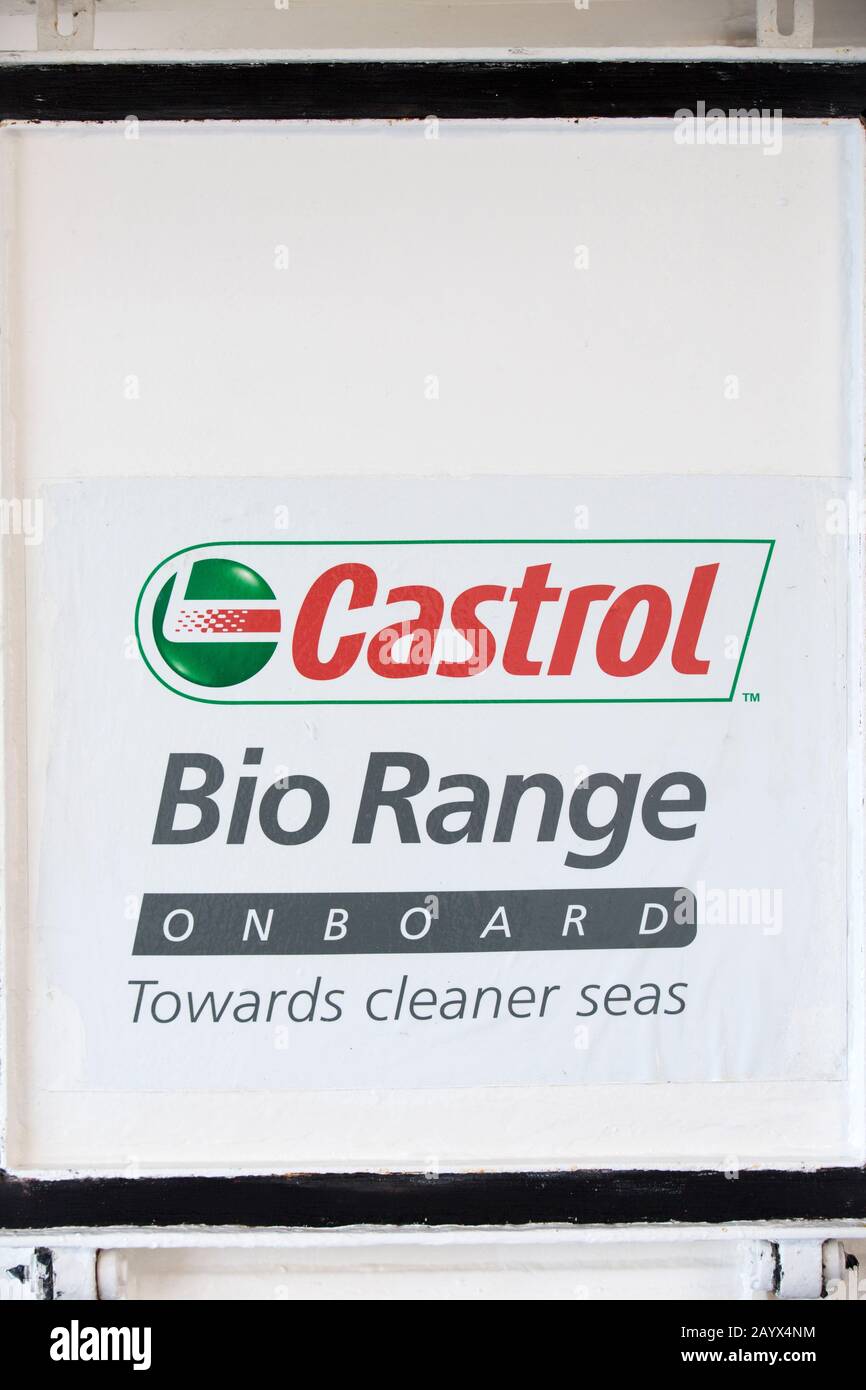 Ein Schild auf einem Kreuzfahrtschiff der Antarktisexpedition, das Bioöle zeigt, die an Bord verwendet werden. Stockfoto