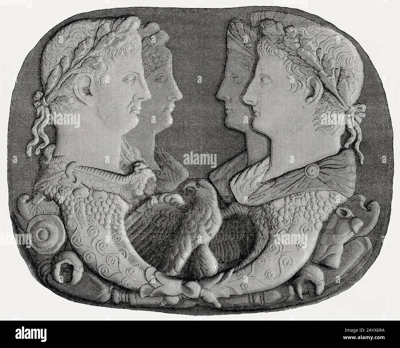 Onyx Cameo, links der römische Kaiser Claudius und seine Frau Agrippina, rechts der römische Kaiser Tiberius mit seiner Frau Livia Stockfoto