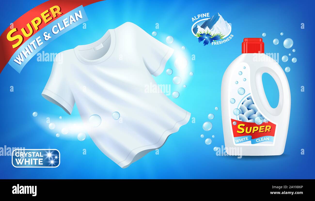 Waschmittelwerbung mit sauberem weißem T-Shirt und flüssigem Produktpaket, Kunststoffflasche mit Etikett, Alpine Frische-Parfüm, Vektorgrafiken. Stock Vektor