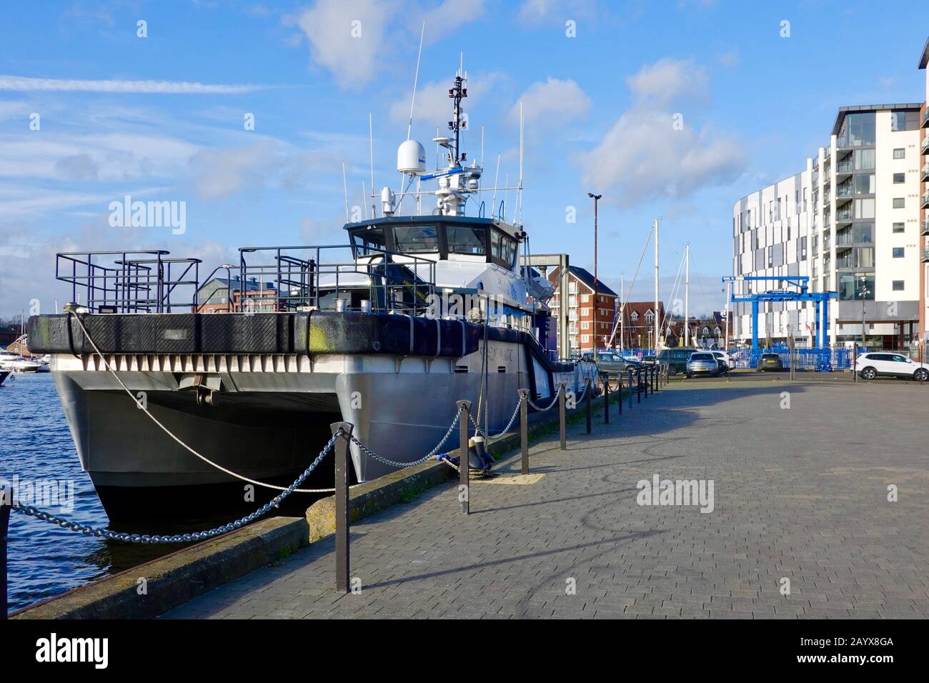 Ipswich, Suffolk, Großbritannien - 17. Februar 2020: Seacat Services Seacat Magic Cataman für Energie-Unterstützungsdienste. Moored am Orwell Quay. Stockfoto