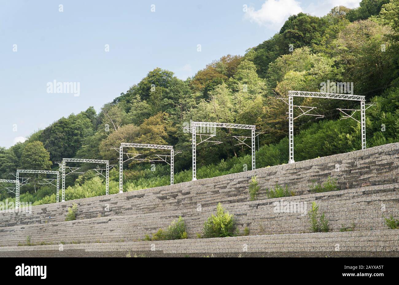 Hochspannungs-Übertragungsleitungen mit Kabeln. Elektrische Eisenbahnausrüstung. Industrielle Infrastruktur. Stockfoto