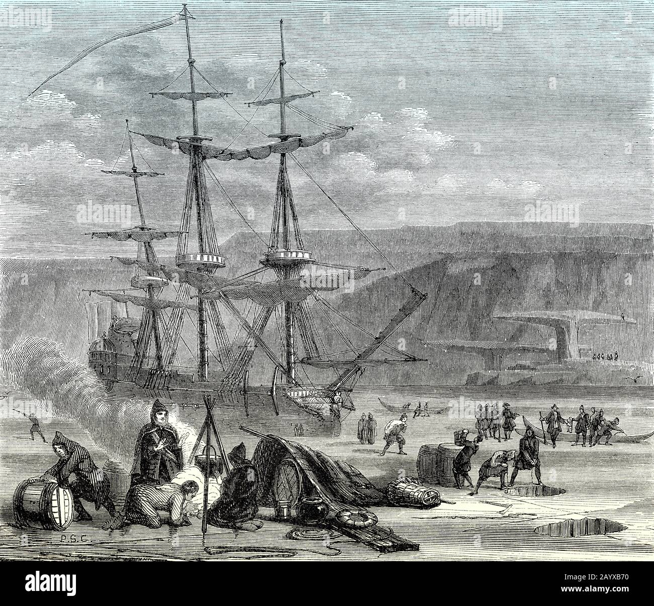 Das französische Kriegsschiff Pélican lief im Januar 1697 an den Ufern der Hudson Bay auf Grund Stockfoto