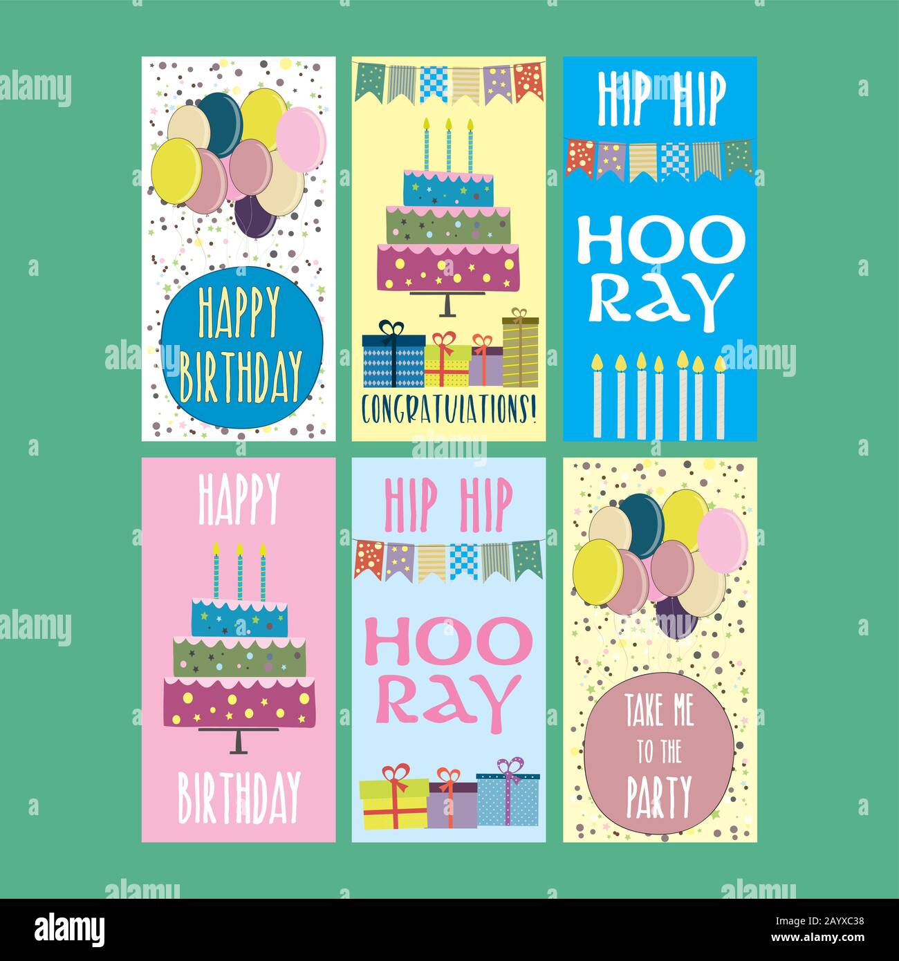 Cartoon Happy Birthday, Holiday, Gruß und Einladungskarte. Layoutvorlage .Stock Vector Illustration Stock Vektor