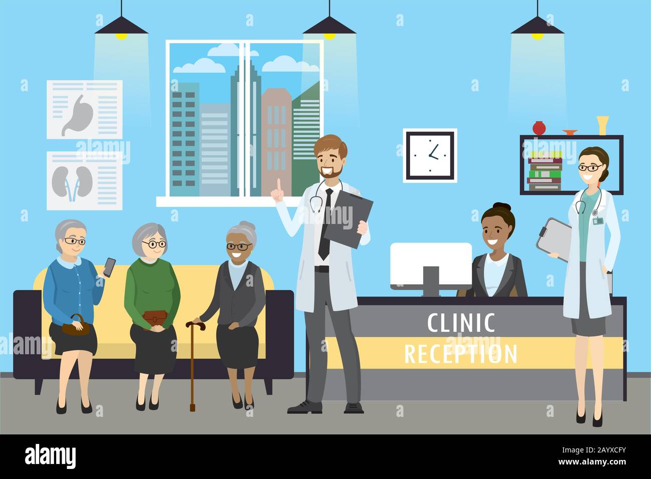 Klinikempfang, Arzt- und Altpatienten, afroamerikanische Rezeptionistin, Cartoon-Vektor-Illustration Stock Vektor