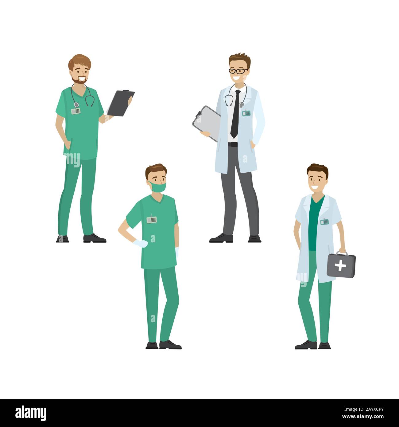 Arzt männlich Set, isoliert auf weißem Hintergrund, Cartoon-Vektor-Illustration Stock Vektor