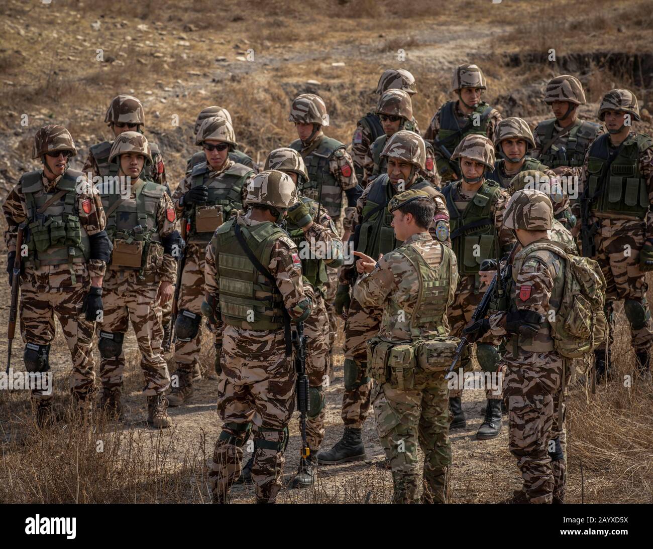 Thies, Senegal. Februar 2020. Ein britischer spezialisierter Infanteriesoldat informiert marokkanische Soldaten über die Taktiken, die während einer Trainingsmission am Flintlock am 20. Februar 2020 in der Nähe von Thies, Senegal, gegen feindliche Bedrohungen eingesetzt werden. Flintlock ist die größte jährliche Übung der Special Operations Forces in Afrika, an der US-amerikanische und alliierte Truppen sowie afrikanische Partnernationen beteiligt sind. Kredit: Miguel Pena/Planetpix/Alamy Live News Credit: Planetpix/Alamy Live News Stockfoto