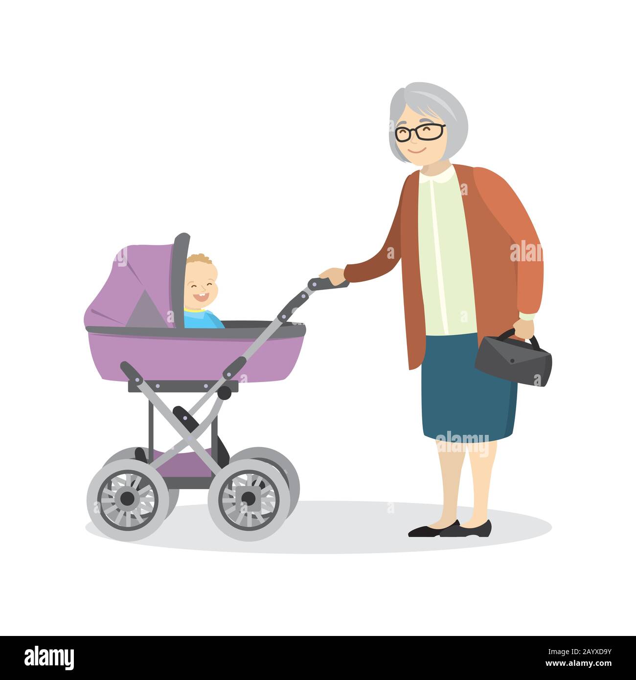 Großmutter mit Kinderwagen und Baby, isoliert auf weißem Hintergrund, Cartoon-Vektor-Illustration Stock Vektor