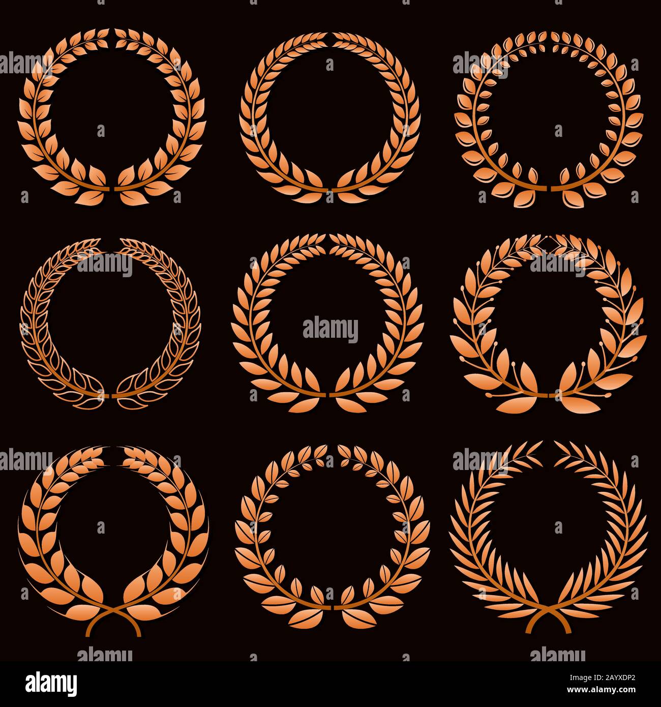 Sieger-Etiketten mit goldenem Lorbeerkränzchen-Vektor-Set. Lorbeer-Sport-Sieger, Lorbeerkranz-Lorbeer-Trophäe und Triumph-Emblem-Illustration Stock Vektor