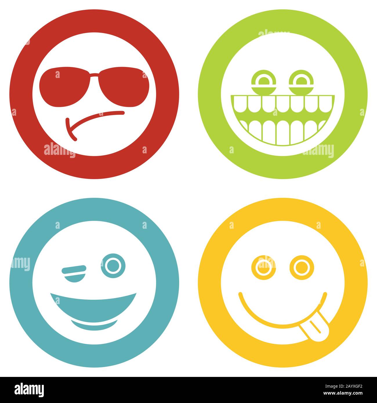 Emoji, Emoticons weiße Symbole. Set mit Smiley in Farbe. Vektorgrafiken Stock Vektor